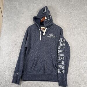 Hollister Full Zip Hoodie Mens Medium blue spellout pockets Y2K